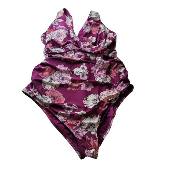 Freshwater Floral Print Surplice Lace-Up Back One Piece Swimsuit, Size 3X, NWT - Picture 8 of 11